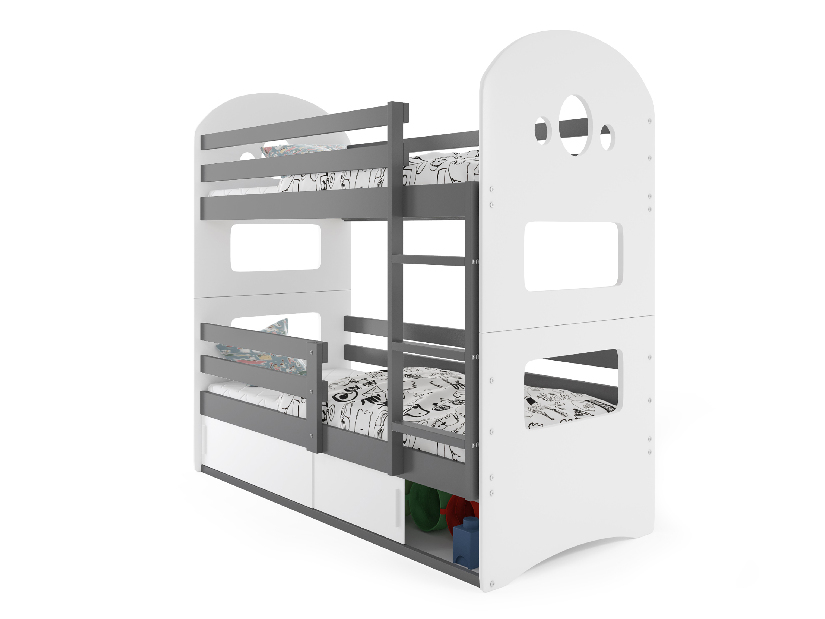 Emeletes ágy 80 x 190 cm Domur (grafit + fehér) (ágyrácsokkal és tárolóhellyel)