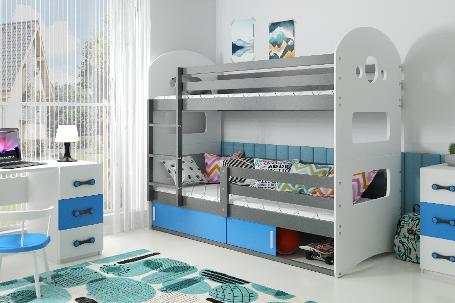 Emeletes ágy 80 x 190 cm Domur (grafit + kék) (ágyrácsokkal és tárolóhellyel)