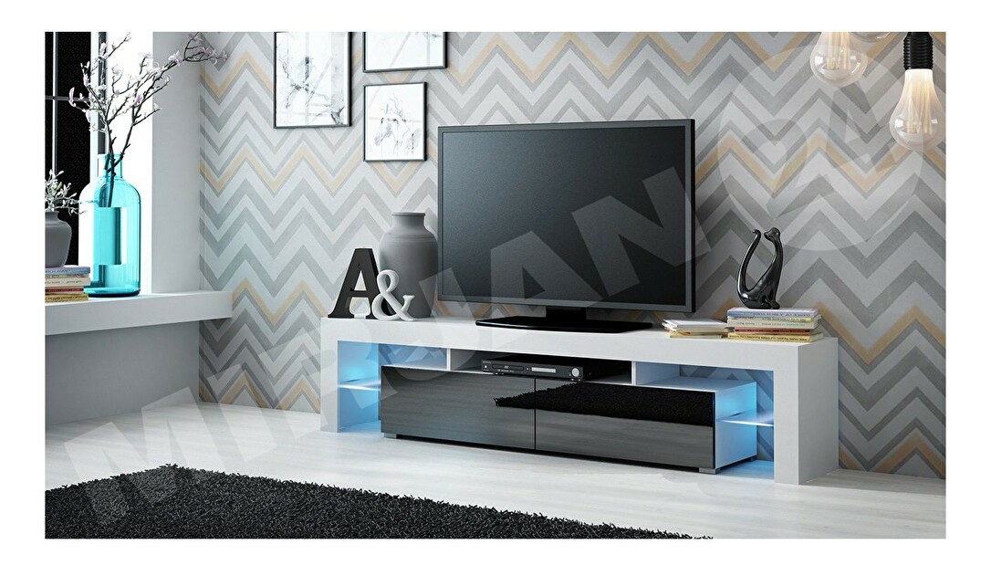 TV szekrény Mirjan Milos (fehér + fényes fekete) (kék LED világítás)