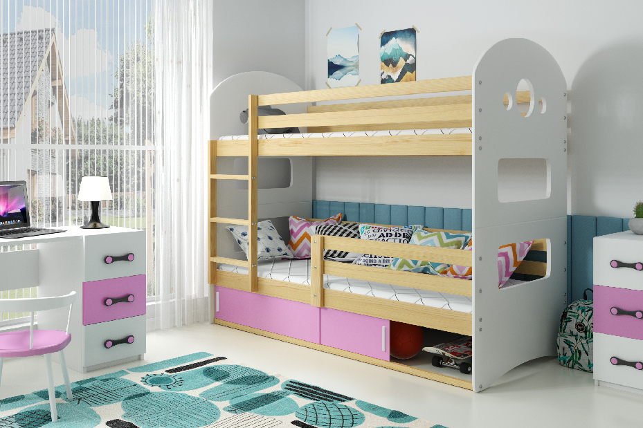 Emeletes ágy 80 x 160 cm Domur (fenyő + rózsaszín) (ágyrácsokkal és tárolóhellyel)