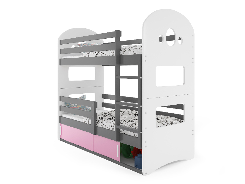 Emeletes ágy 80 x 160 cm Domur (grafit + rózsaszín) (ágyrácsokkal és tárolóhellyel)