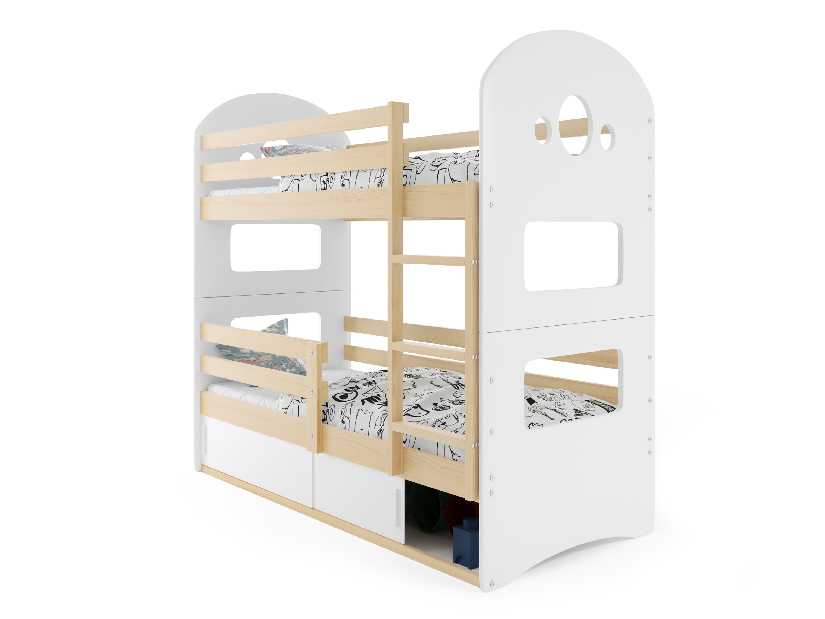Emeletes ágy 80 x 190 cm Domur (fenyő + fehér) (ágyrácsokkal és tárolóhellyel)