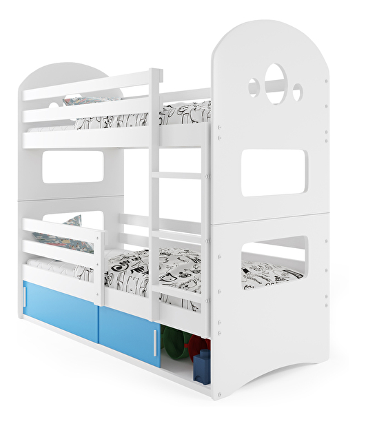 Emeletes ágy 80 x 190 cm Domur (fehér + kék) (ágyrácsokkal és tárolóhellyel)