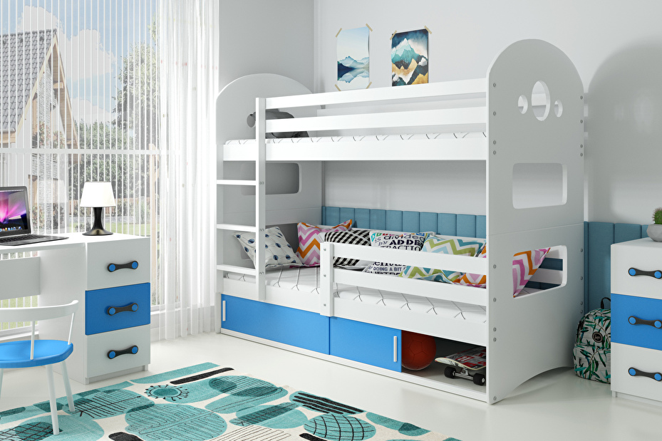 Emeletes ágy 80 x 190 cm Domur (fehér + kék) (ágyrácsokkal és tárolóhellyel)