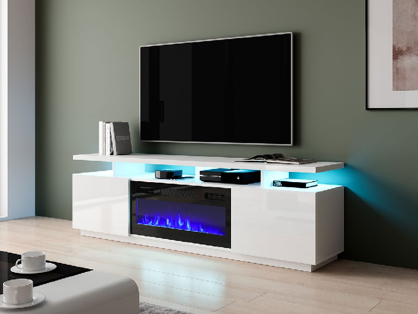 TV szekrény/asztal kandallóval Mirjan Aurora (fehér + fényes fehér)