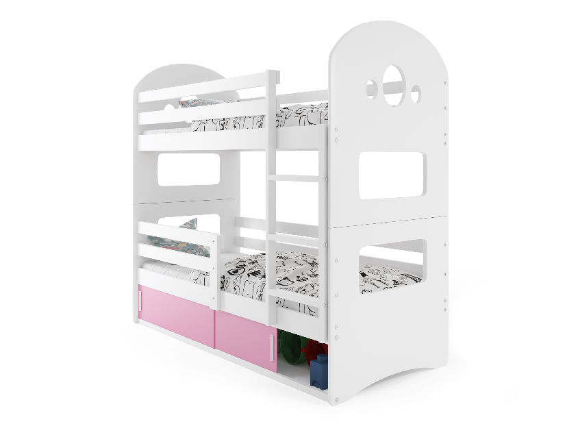 Emeletes ágy 80 x 190 cm Domur (fehér + rózsaszín) (ágyrácsokkal és tárolóhellyel)