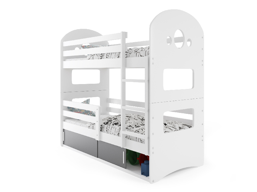 Emeletes ágy 80 x 160 cm Domur (fehér + grafit) (ágyrácsokkal és tárolóhellyel)