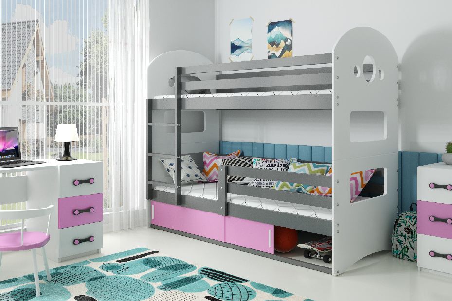 Emeletes ágy 80 x 190 cm Domur (grafit + rózsaszín) (ágyrácsokkal és tárolóhellyel)