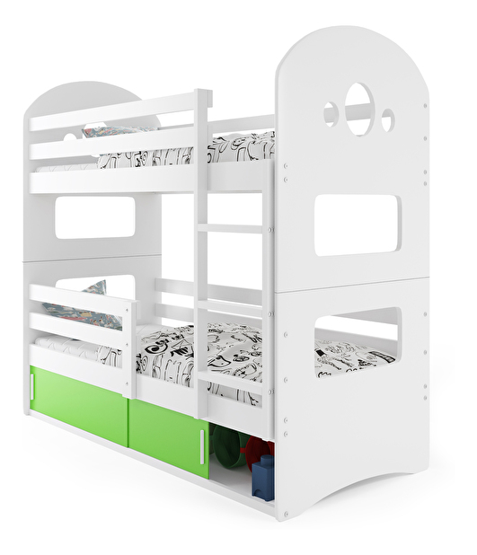 Emeletes ágy 80 x 190 cm Domur (fehér + zöld) (ágyrácsokkal és tárolóhellyel)