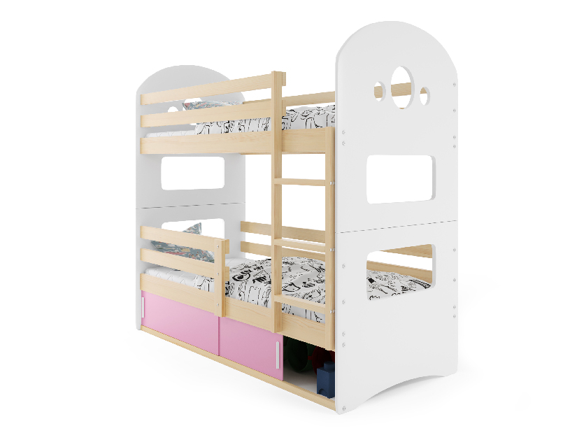 Emeletes ágy 80 x 190 cm Domur (fenyő + rózsaszín) (ágyrácsokkal és tárolóhellyel)
