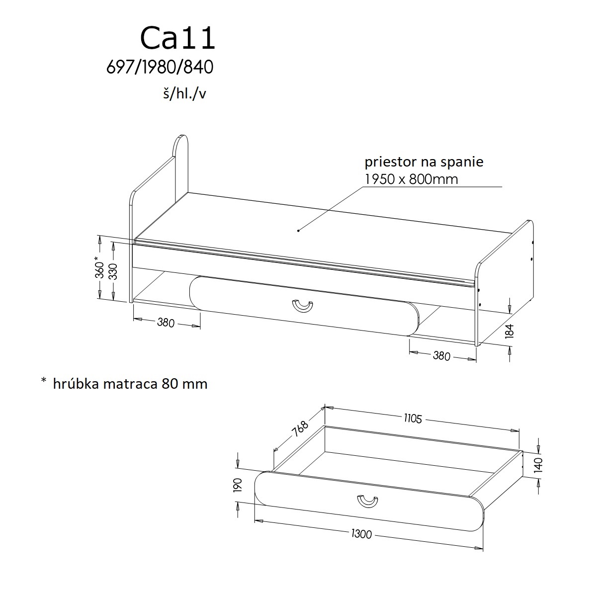 Ágy typ CA11 Caryl (világos grafit + fényes fehér + nash tölgy)