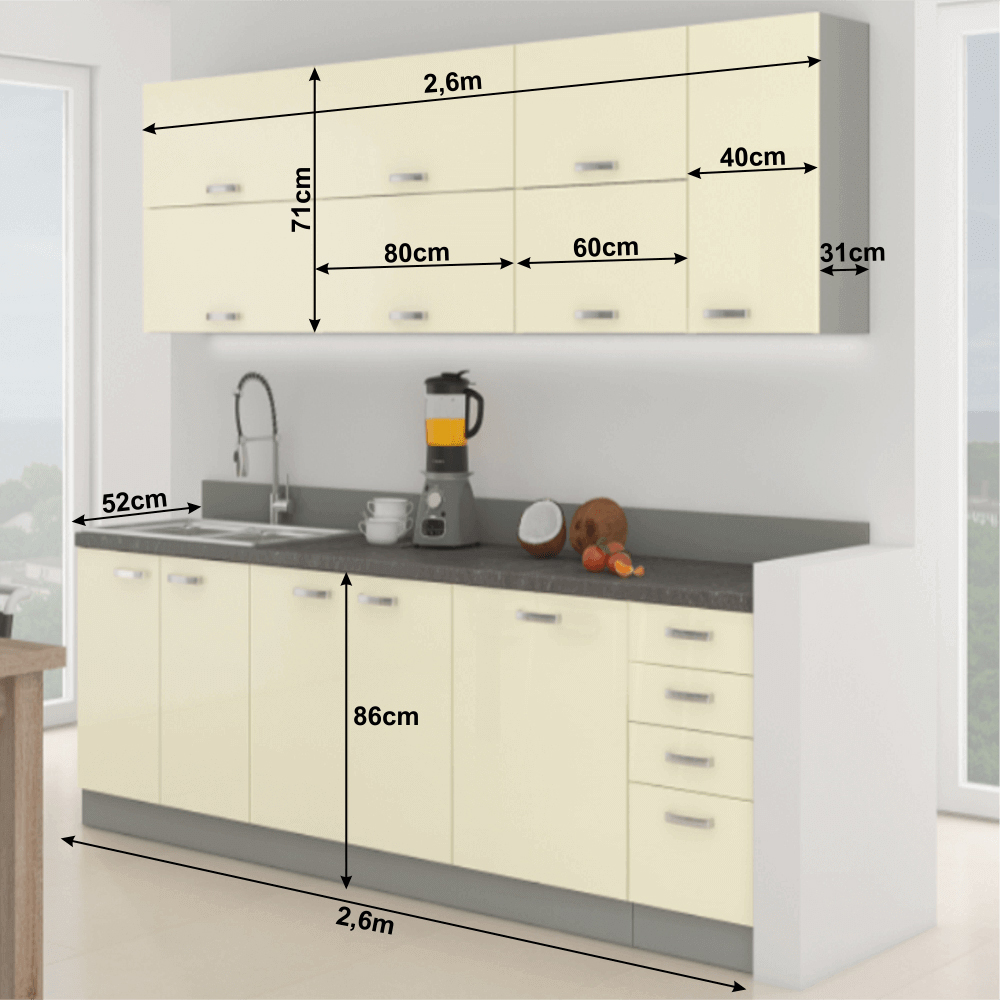 Konyha Primula 260 cm (szürke + magasfényű krém)